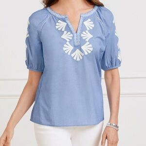 Talbots Chambray Blue & White Embroidered Cotton Women's Plus Size Top NWT